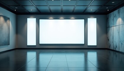 Poster - Modern gallery interior with blank screens and polished floors  