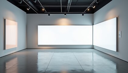 Fototapete - Modern art gallery interior with blank white canvases  
