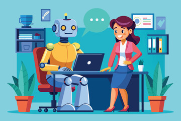 Poster - A business professional engages with a robot assistant at a desk in a modern office, showcasing collaboration between technology and humans.