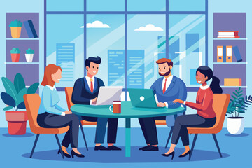 Poster - A group of four professionals engages in a collaborative discussion at a round table, utilizing laptops in a bright, modern office filled with plants.