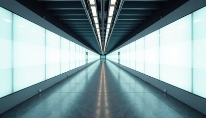 Poster - Futuristic hallway with bright lights reflecting on polished floor  