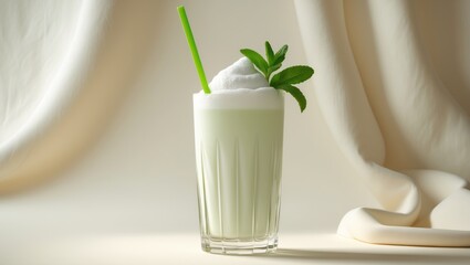 Aufkleber - Vanilla Milk Shake with Mint on a light background. Vanilla Ice Cream Shake. Banana Smoothie featuring Mint and Vanilla.
