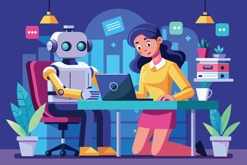 Poster - A woman engages with a friendly robot while working on her laptop in a brightly colored office. The space is lively, featuring plants and an inviting atmosphere.