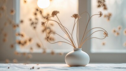 Aufkleber - Vase of dried flax on the windowsill. Nordic style home interior design.