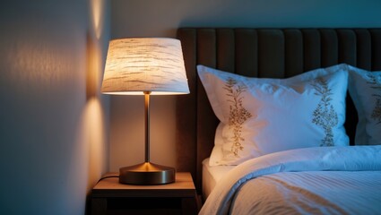 Poster - Vertical image of bedroom interior featuring a modern reading lamp on a bedside table near a double bed with pillows. Lighting in a cozy apartment. Comfortable suite, lighting fixtures.