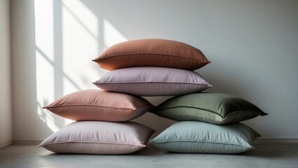Fototapete - Velvet throw pillows arranged in a stack, featuring neutral and muted colors.