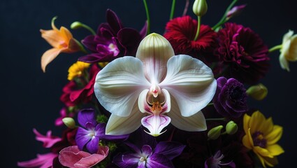 Aufkleber - Vibrant flower arrangement in low key photography style. Bold and motivational. Dark background. Intense and warm accents.