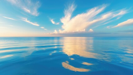 Poster - Landscape stunning summer panorama wide horizon view at the shore of the open sea with clouds against a clear blue sky background and serene nature; ocean waves and water with no one traveling alon...