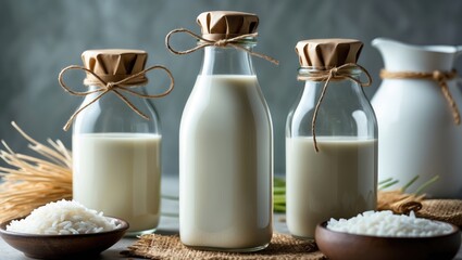 Poster - Vegan rice plant-based milk in bottles, detailed view, gray background. Non-dairy alternative milk. Healthy vegetarian food and beverage concept.