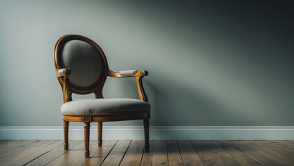 Aufkleber - Upholstered chair placed against a gray backdrop. Armchair featuring natural oak armrests. High-quality photograph.
