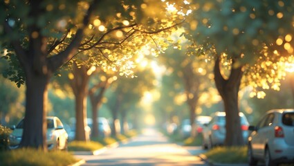 Aufkleber - Blurred Background of Urban Parking Lot Encircled by Green Trees with Afternoon Light Streaming Through Canopies. Blurry Background for Design Use.