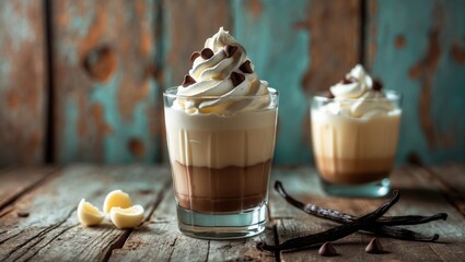 Poster - Vanilla bean milkshake. Chilled milkshake in a glass topped with beans, with space for text.