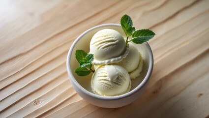 Poster - Vanilla Ice Cream with Mint in a bowl, made as a Homemade Organic product.