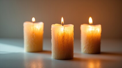 Poster - Three glowing pillar candles with flickering flames, set against a plain background.