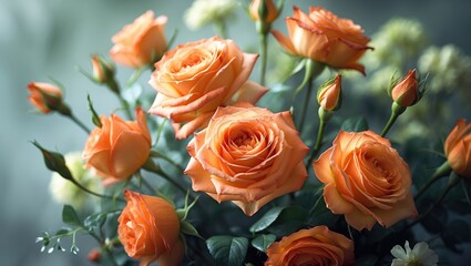 Fototapete - Beautiful arrangement of artificial flowers, orange roses, representing timeless beauty. High-quality image, abstract floral background, vintage film-like filter.