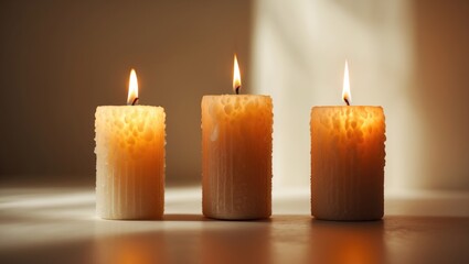 Poster - Three lit pillar candles with flickering flames, separated against a backdrop.