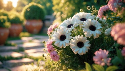 Aufkleber - Vibrant flowers glow under the warm sun, encircled by lush greenery in a tranquil garden environment.