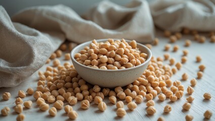 Poster - Uncooked dried chickpeas displayed in a bowl or spoon on a table. Pile of legume background.
