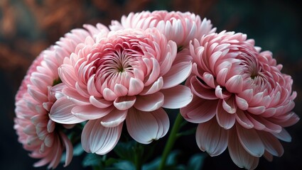Poster - Soft pink chrysanthemum flowers with delicate, ruffled petals are seen in a close-up shot. The light highlights the velvety texture, creating a gentle, romantic atmosphere.