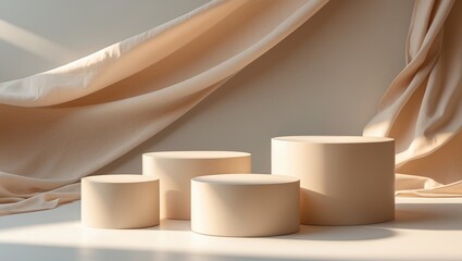  - Three beige display podiums for showcasing cosmetic products.