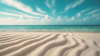 Poster - Panoramic view of a beautiful white sandy beach with a blurred sky in the background. Tropical beach scene featuring white sand and turquoise water. Concept for summer holiday backgrounds.