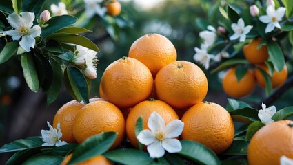 Poster - Pyramid of Valencian oranges accompanied by orange blossoms