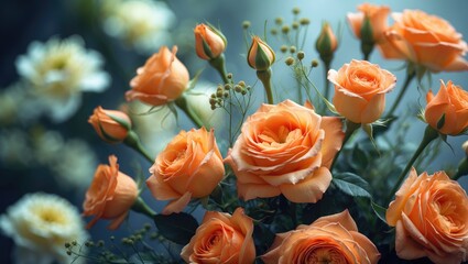 Fototapete - Beautiful arrangement of artificial flowers, orange roses, representing timeless beauty. High-quality image, abstract floral backdrop, vintage film-like filter.