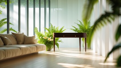 Aufkleber - Blurred background of an inspiring minimalist office setup showcasing abundant natural light, modern furniture, and vibrant greenery for a calming workspace.
