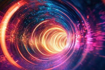 Poster - Neon digital tunnel with vibrant shapes moving in a dynamic display of light, neon digital tunnel over shapes moving