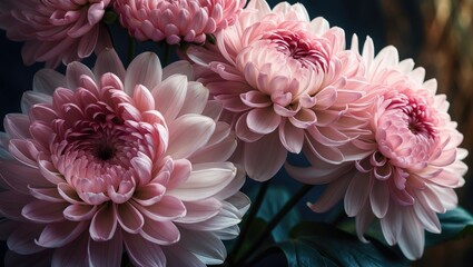 Poster - Close-up view of soft pink chrysanthemum blossoms featuring delicate, ruffled petals. The light enhances their velvety texture, creating a subtle, romantic atmosphere.