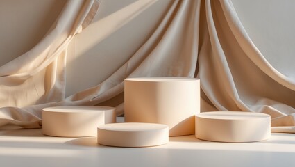  - Three light beige podiums for presenting cosmetic products
