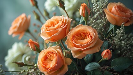 Fototapete - Beautiful arrangement of artificial flowers, orange roses, representing timeless beauty. High-quality photograph, abstract floral background, vintage film-inspired filter.