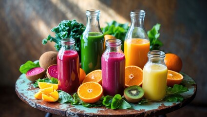 Poster - A selection of fresh vegetable and fruit juices in bottles and jars.