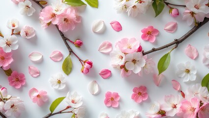 Poster - Cherry blossom. Pink sakura flowers and white cherry petals set against a white background. Springtime theme. Creative banner. Top view, flat lay. Floral design element.