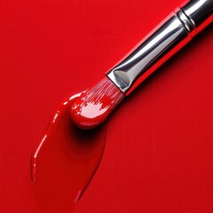 Poster - Vibrant red paint spilling from a brush on a smooth surface in a creative workspace