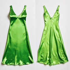 Poster - Elegant green satin dress displayed on a neutral background showcasing its sleek design and vibrant color suitable for any occasion