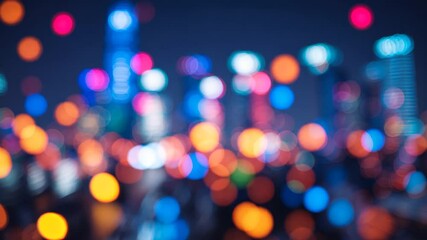 Poster - bokeh background with blurred lights of various colors alongside vague buildings and skyscrapers.
