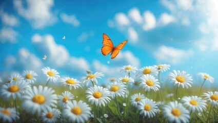 Poster - Blue sky and white clouds over a summer meadow filled with daisies and a flying orange butterfly, in a wide format. Picturesque pastoral scene with room for captions.