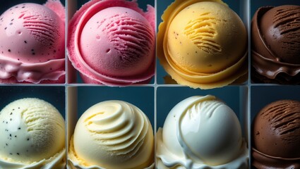 Poster - Scoops of vanilla, strawberry, and chocolate ice cream viewed from above, set against a checkered background.
