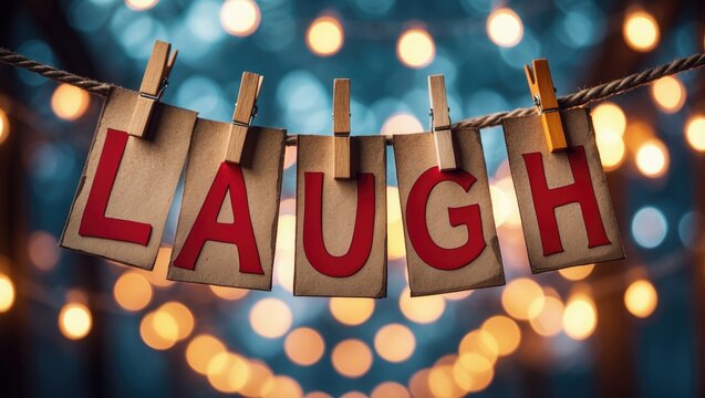 The term LAUGH displayed on clothespins attached to cards in front of blurred glowing lights.