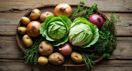 Poster - Fresh produce on wood. Nutritious food, herbs and spices. Organic produce on wood.