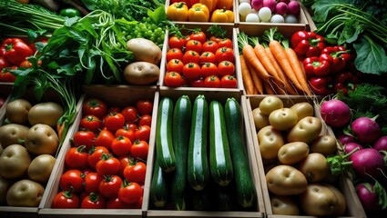 Poster - Variety of vegetables displayed on the counter. Carrots, radish, potatoes, and other veggies available for purchase. Healthy organic food concept. Close-up perspective.
