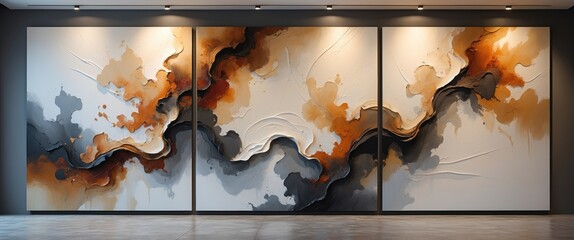 Poster - Three modern abstract artworks displayed in the art studio. Nonfigurative abstract pieces from the same artistic series featuring vibrant stains and bold brush texture.