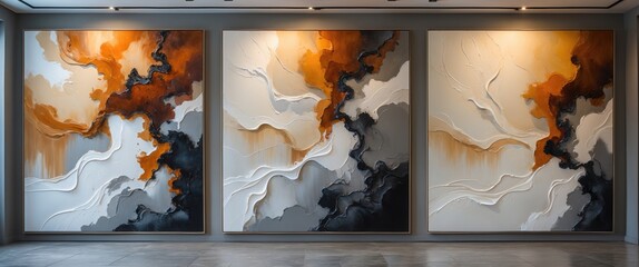 Poster - Three modern abstract artworks displayed in the art studio. Nonfigurative abstract pieces from the same artistic series featuring vibrant stains and pronounced brush texture.
