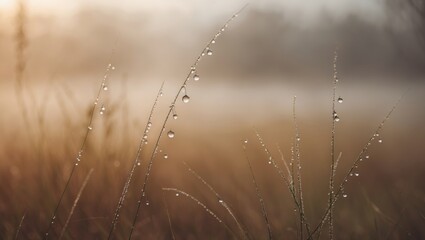 Poster - Tender blades of grass decorated with shimmering dew drops move gently in the light wind, amidst a foggy backdrop.
