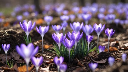 Poster - Purple crocuses flourishing in the meadow, nature's fragile beauty on display.