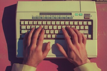 Poster - Hands engaged in typing on a vintage keyboard with a colorful background during daylight, Hands typing on keyboard