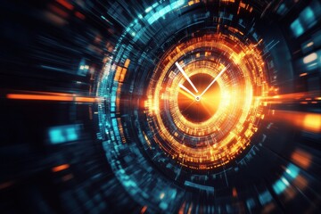 Poster - Clock moving with vibrant data processing elements on a dark backdrop displaying a futuristic concept, clock moving and data processing on black background