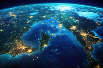 Poster - Global perspective on Earth highlighting technological connections across continents at night, 3D Earth Connections Global Technology Woldwide Digital Networkfrom Tokyo,Japan