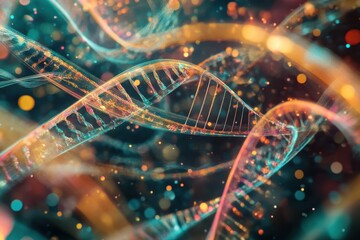 Poster - Mathematical equations overlaying vibrant DNA strands in abstract colorful design, mathematical equations over dna strands